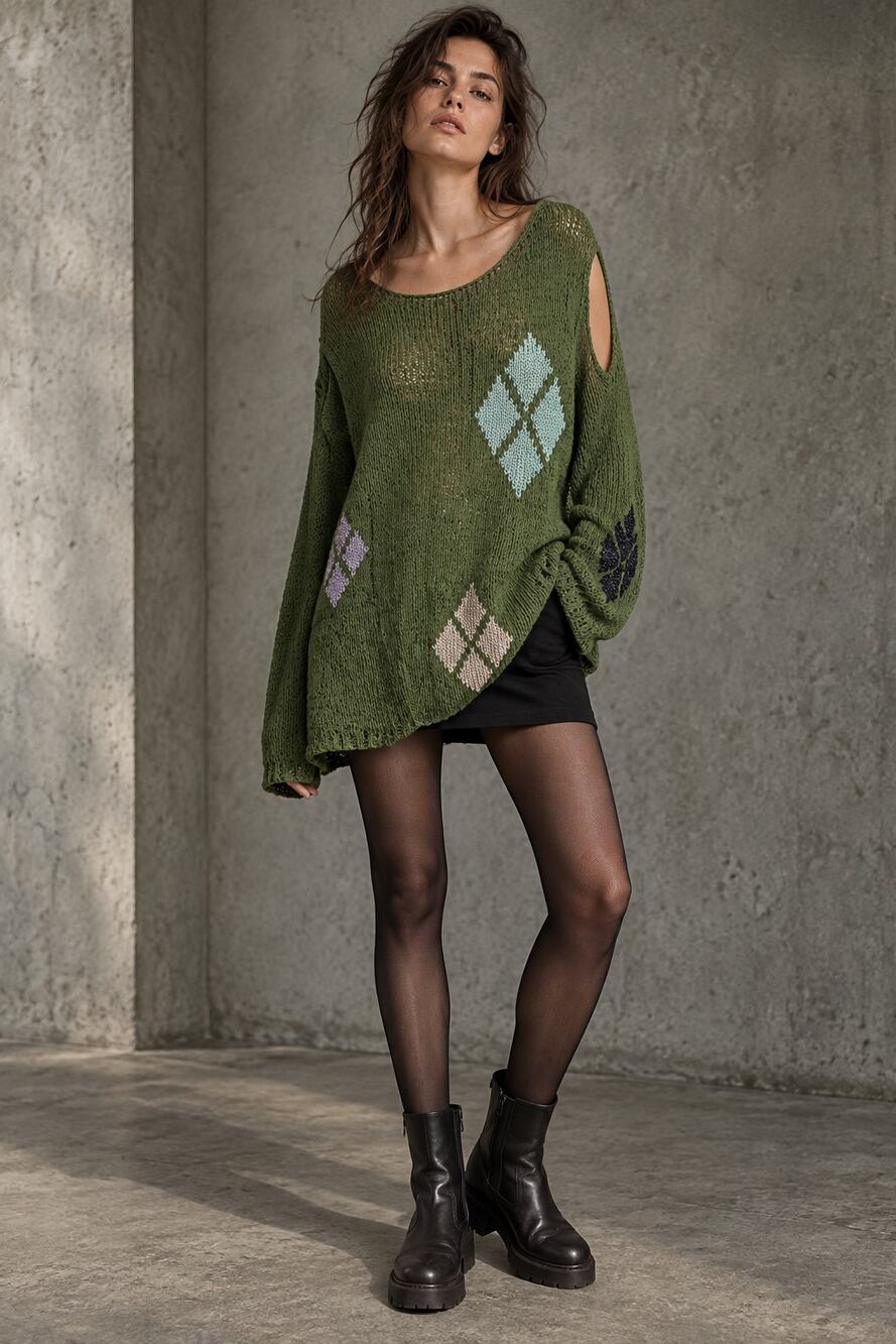 TheOpen Product Open YY Argyle Knit Sweater 1/S Green Cutout Oversized Korean